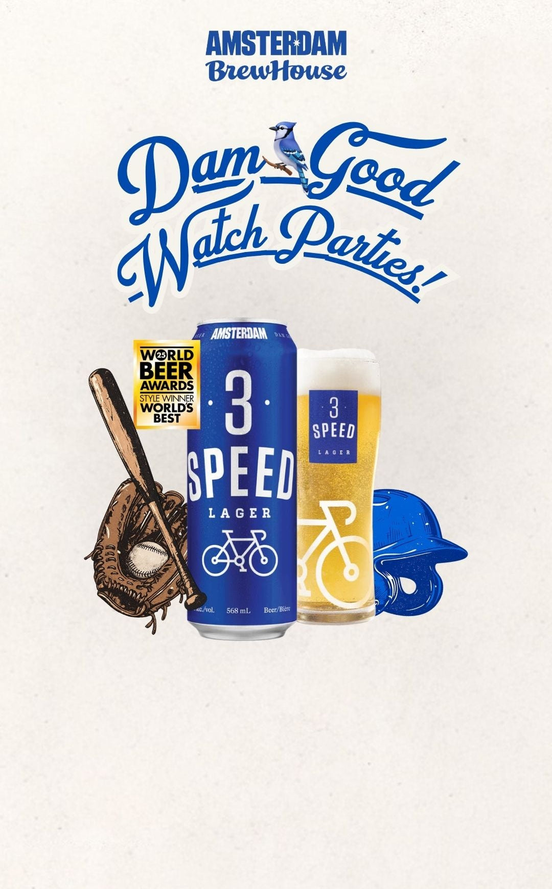 Amsterdam Brew House promotional graphic with 3 Speed Lager can and glass, baseball equipment, and text on a white background.