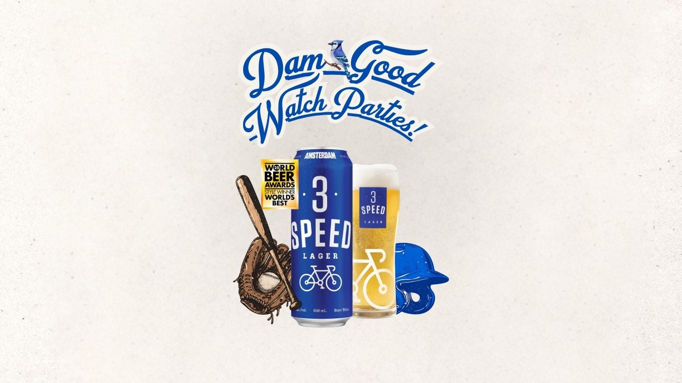 A beer can and a glass labeled '3 Speed Lager' with a baseball glove, helmet, and bat on a white background with 'Dam Good Watch Parties!' text.