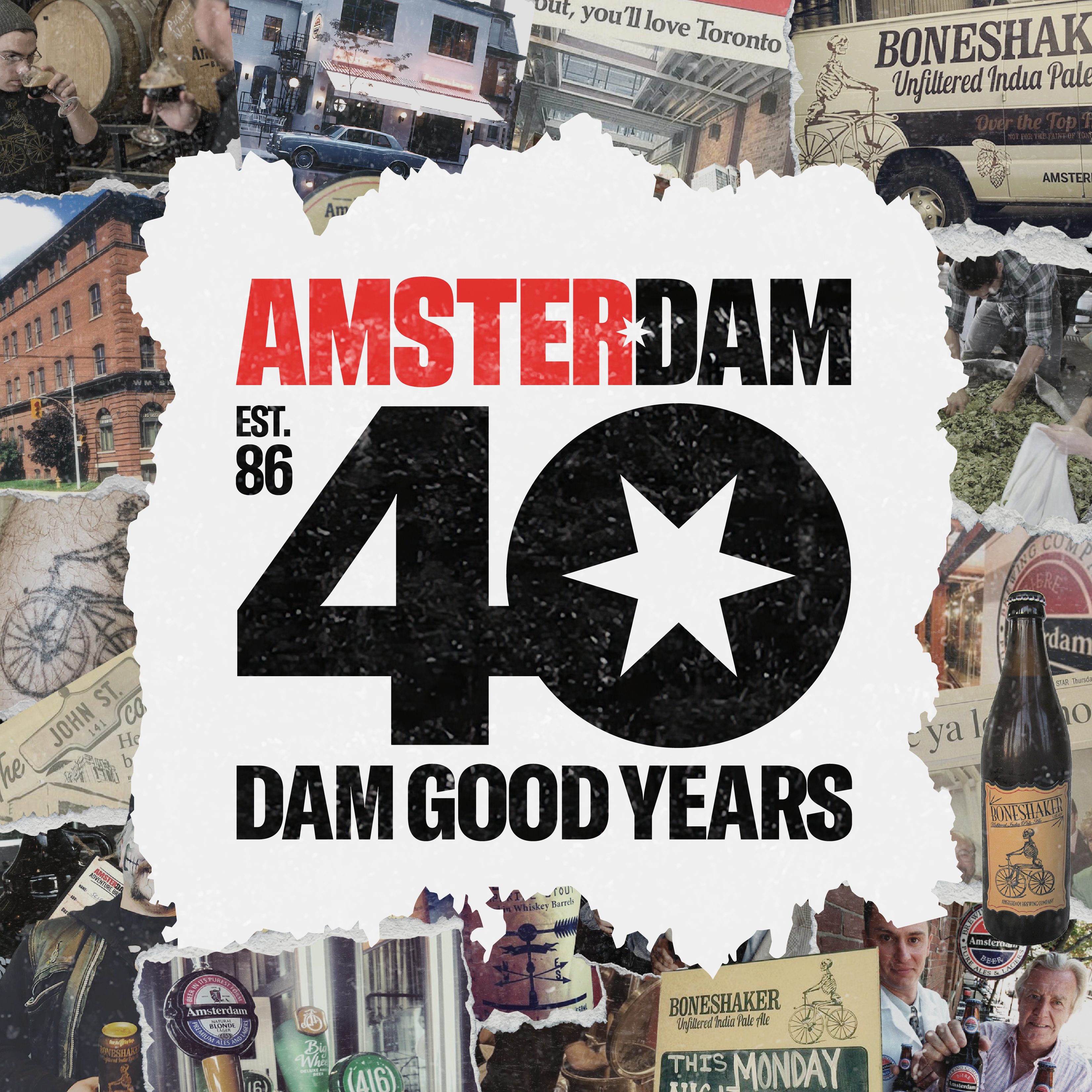 Collage with 'Amsterdam' branding and text celebrating 40 years, featuring images of people and buildings.